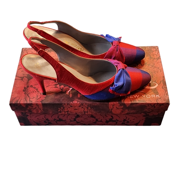 Palizzio Shoes - Vintage Palizzio Merlin Blue/Red/Purple Plaid Fabric Slingback Heels Size 8.5AA